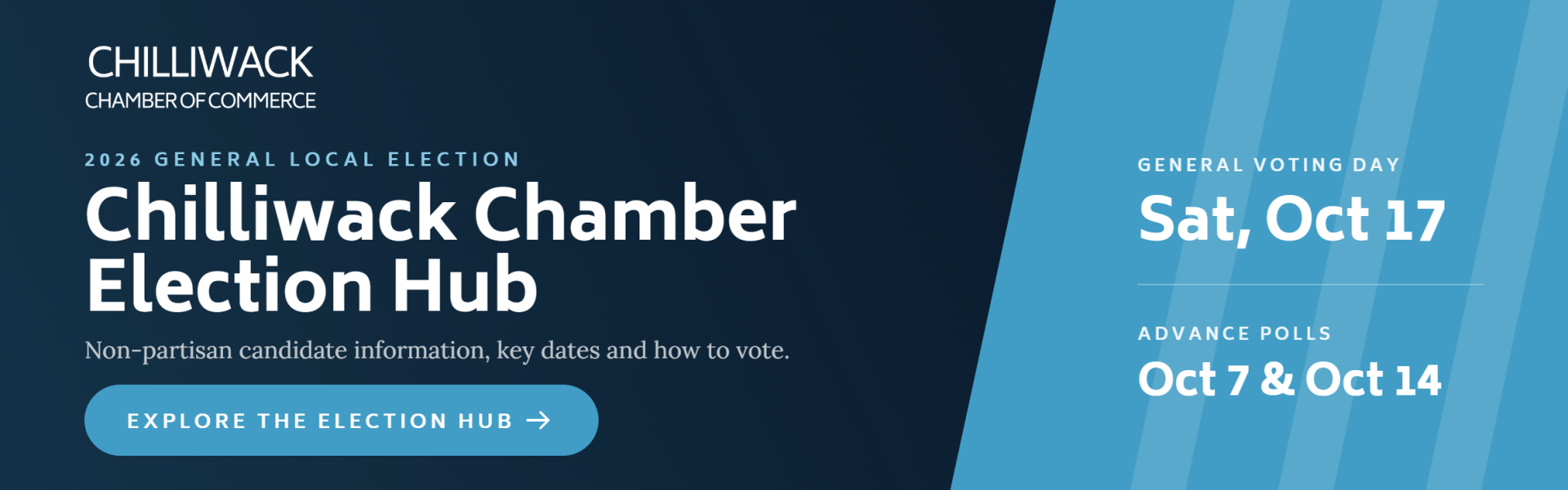 Chilliwack Chamber Election Hub — 2026 General Local Election. General voting day Saturday October 17, advance polls October 7 and 14.